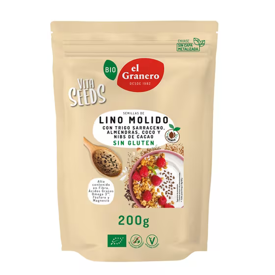 VITASEEDS lino molido, trigo sarraceno, almendra, coco y nibs de cacao bio (200 g)