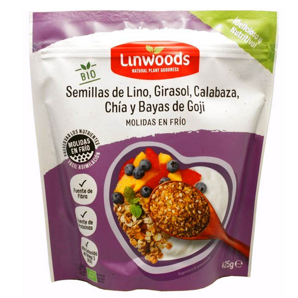 SEMILLAS de Lino, Girasol, Calabaza, Cha y Bayas de Goji molidas en fro bio (425 g)