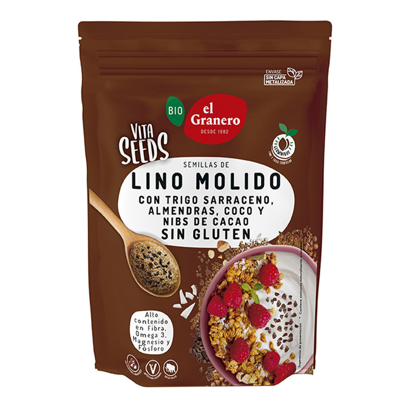 VITASEEDS lino molido, trigo sarraceno, almendra, coco y nibs de cacao bio (200 g)